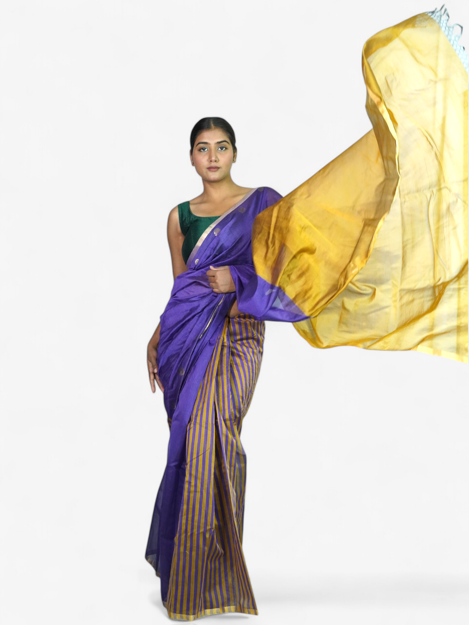 Orchid Glow – Chanderi Cotton Silk Saree with Stripes & Dot Detailing - Kozylook